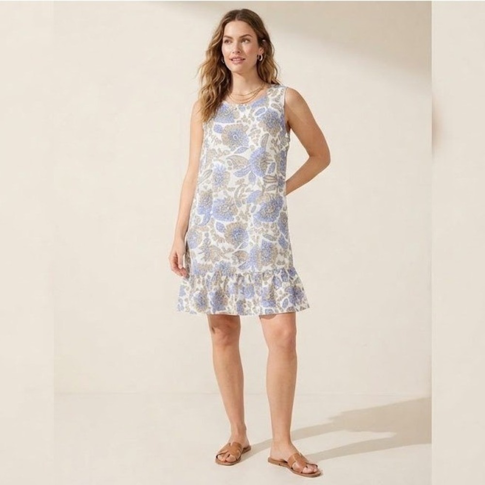 Tommy Hilfiger Floral Shift Dress 14 Blue Tan Linen Ruffle Coastal Hamptons